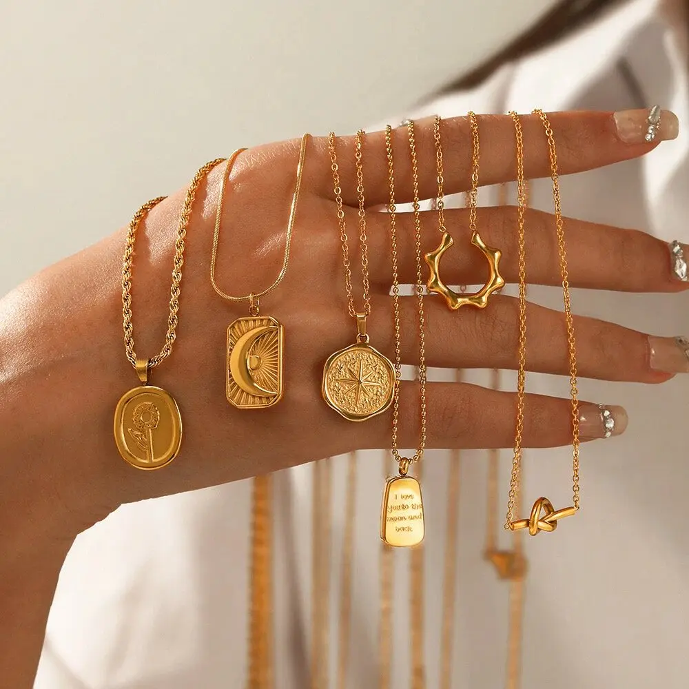 18k Gold Plated Pendant Necklace, Tarot Card Necklace, Sun Star Moon Pendant Gold Chain, Necklace Waterproof, Non Tarnish