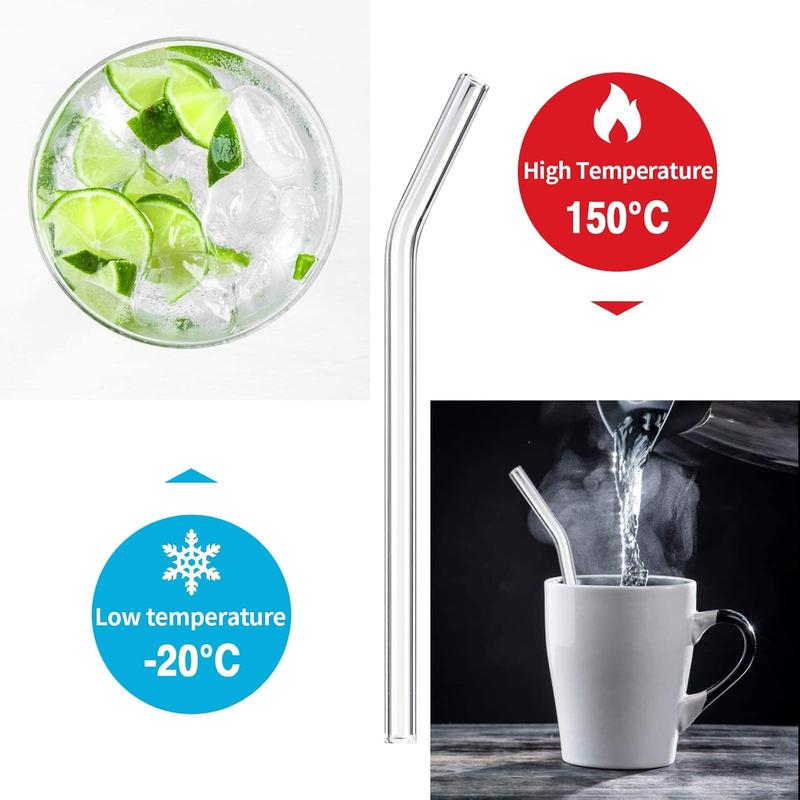 Product Introduction of 8 Pcs Glass Straws Reusable Glass Straw Drinking Straws with 20cm Length Eco Friendly with 2 Cleaning Brushes Transparent Clear Straws Perfect for Milk Coffee Coctail (Curved) 4