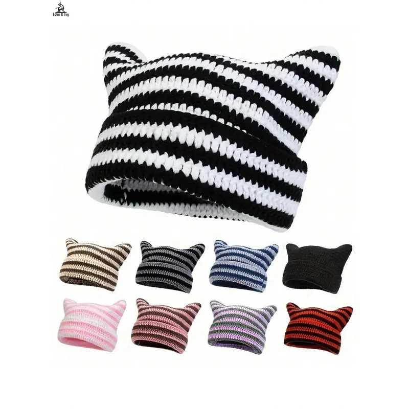 E&I     New Handmade Striped Knit Beanie with Devil and Cute Cat Ear Design for Women, a Couple - Style Casual Warm Cap Perfect for School 0