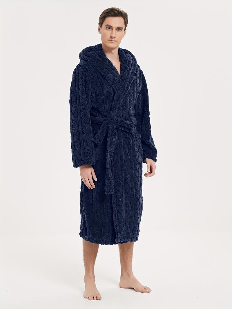 Product Introduction of Men's Comfy Solid Fleece Robe Home Hooded Pajamas Wear With Pocket & Hair Dry Hat, One-piece Lace Up Kimono Night-robe Warm Sets After Bath 6