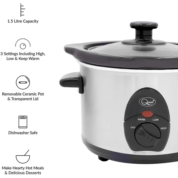 Quest 1.5 Litre Compact Slow Cooker Stainless Steel- 35260 1