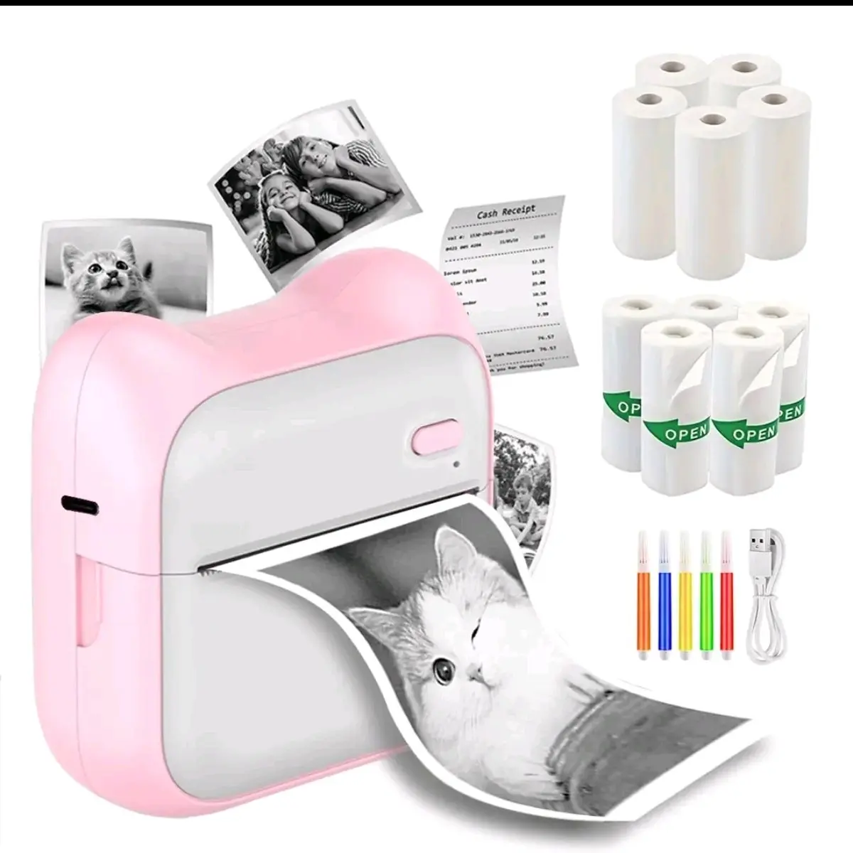 Portable Wireless Thermal printer, 1 Set Rechargeable Instant Photo Printer Peper, Mini Bluetooth Printer for home & Office, Pocket Printer, Wireless Mini Stiker Printer with 10 Rolls Thermal Paper, Portable for Notes Journal Photo Printing.