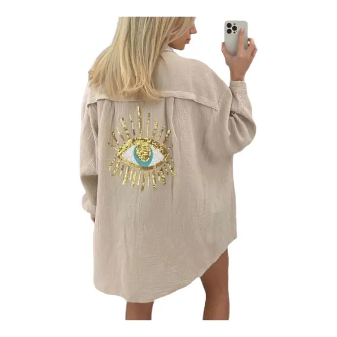 Eye Graphic Print Back Button Up Loose Shirt-ONE SIZE UK6-20 Top Womenswear Blouse Lady Comfort Casual Underwear Fitted Underwear Fitted 0
