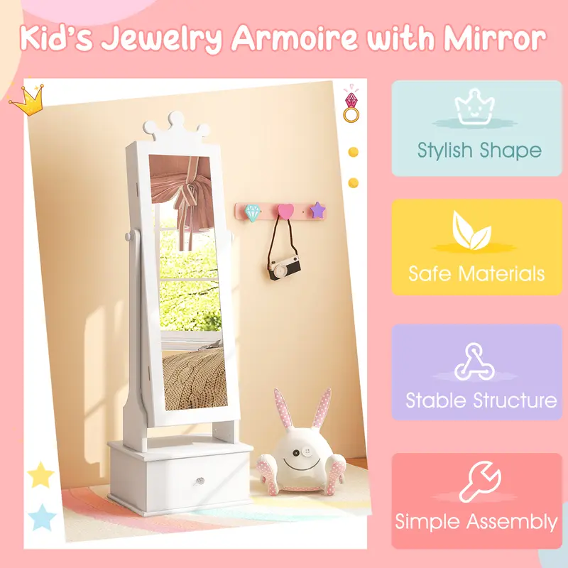 COSTWAY Kids Jewelry Cabinet Armoire with Full Length Mirror and 3 Storage Drawers 3