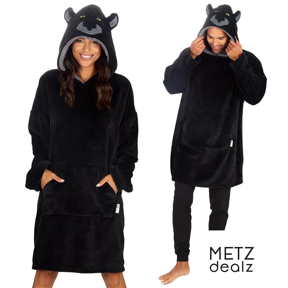Adults Black Panther Novelty Oversized Fleece Hoodies Mens Ladies Womens Unisex Blanket Hoodie Maxi Menswear Pullover Thermal Warm Hooded Winter Jumper Festive Print One Size Red Wearable Blanket Snuggle Hoodies for Him UK