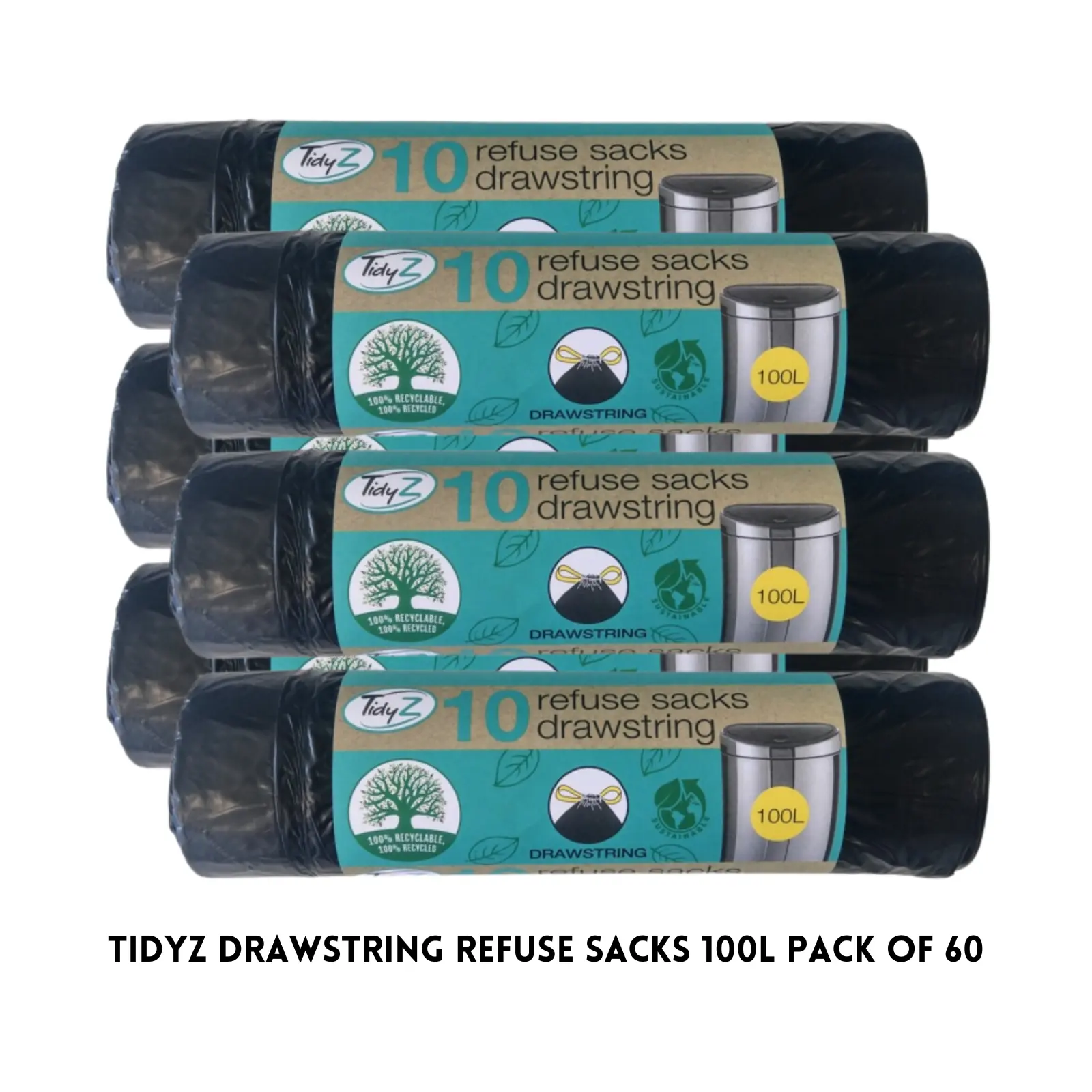 Tidyz Super Strong Drawstring Refuse Sacks Black Bin Liners 100L-60 Bin Liners