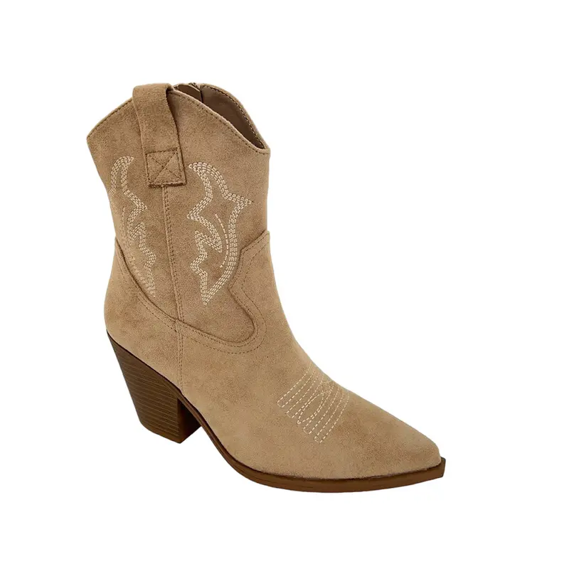 SAINT VINNA Women Faux Suede Zip Up  Embroidered Low Heel Mid Calf Cowboy Boots Girls Comfortable Footwear Classic Stylish 8