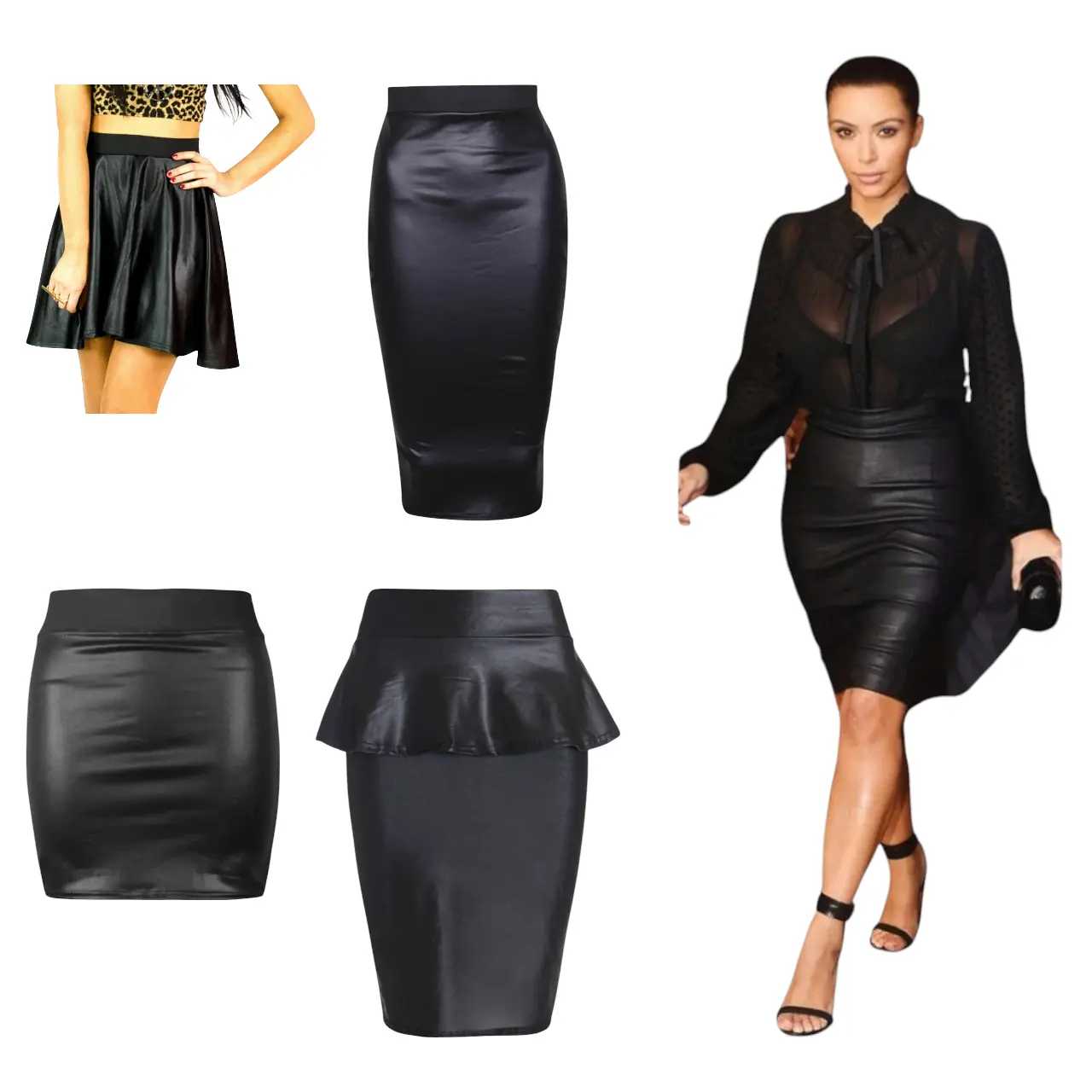 Women's Wet Look PU PVC Plain Stretch Bodycon Midi Mini Skater Peplum Skirt  Comfort Clothing
