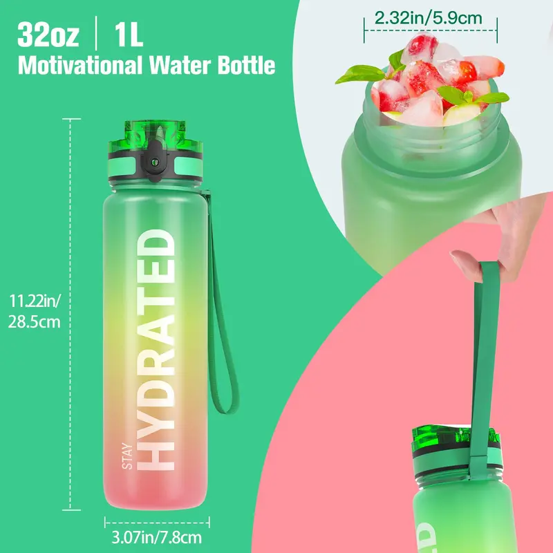 Sahara Sailor Leakproof Water Bottle 1L, Tritan BPA Free Motivational Sport Drinks Bottle with Clear Time Marker, Lock Cover, Easy Clean Brush, Durable for Gym, School, Hiking, Cycling (1 Bottle) 3