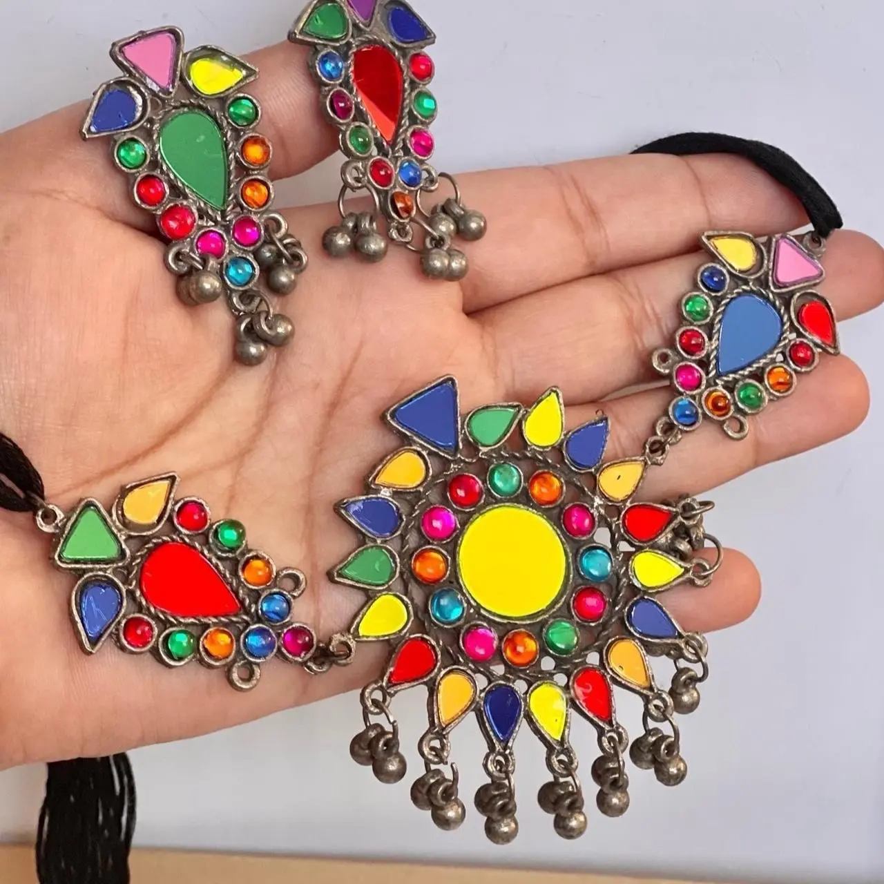 Indian Oxidised Silver mirror Jewellery Set - Necklace & Earrings in Asian Indian Pakistani Afghani Style