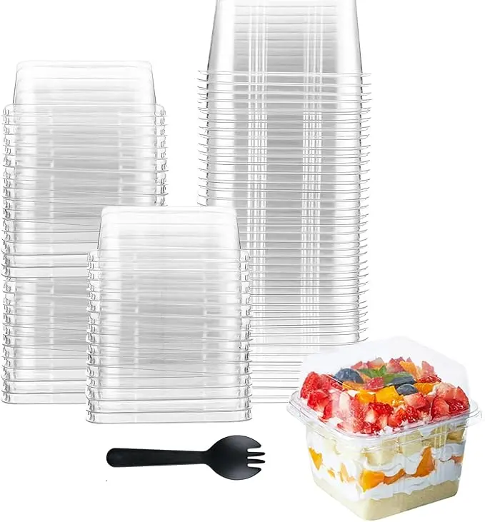 50 Pack 8 oz Plastic Dessert Cups with Lids and Spoons, Square Parfait Cups, Clear Dessert Container for Cupcakes, Pudding, Yogurt Fruit, Mousse, and Ice Cream Disposable