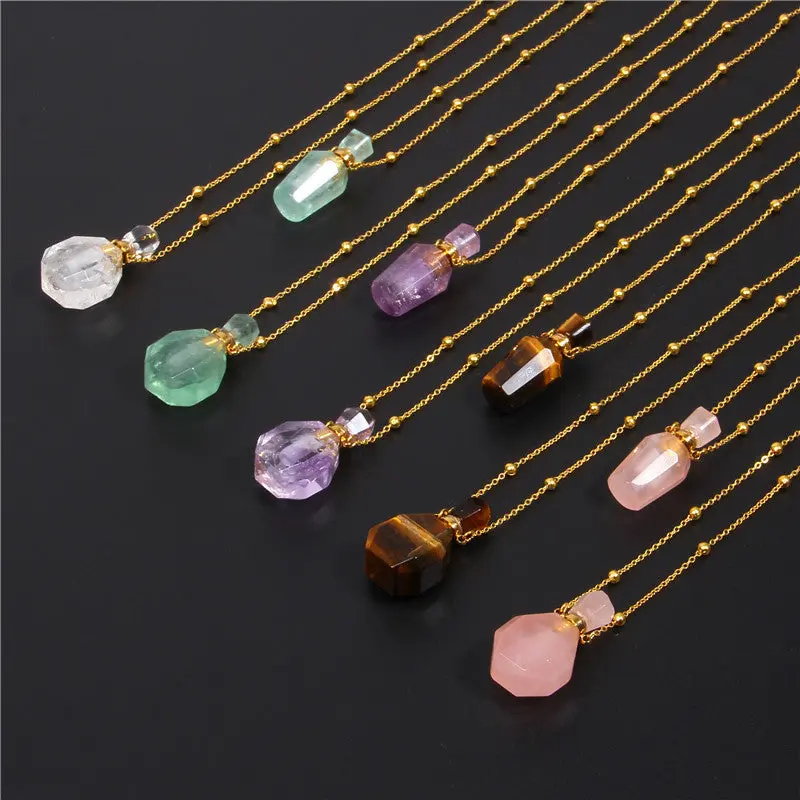 Crystal Pendant Necklace with Perfume Bottle Design - Stylish Tiger Eye Jewelry for Women