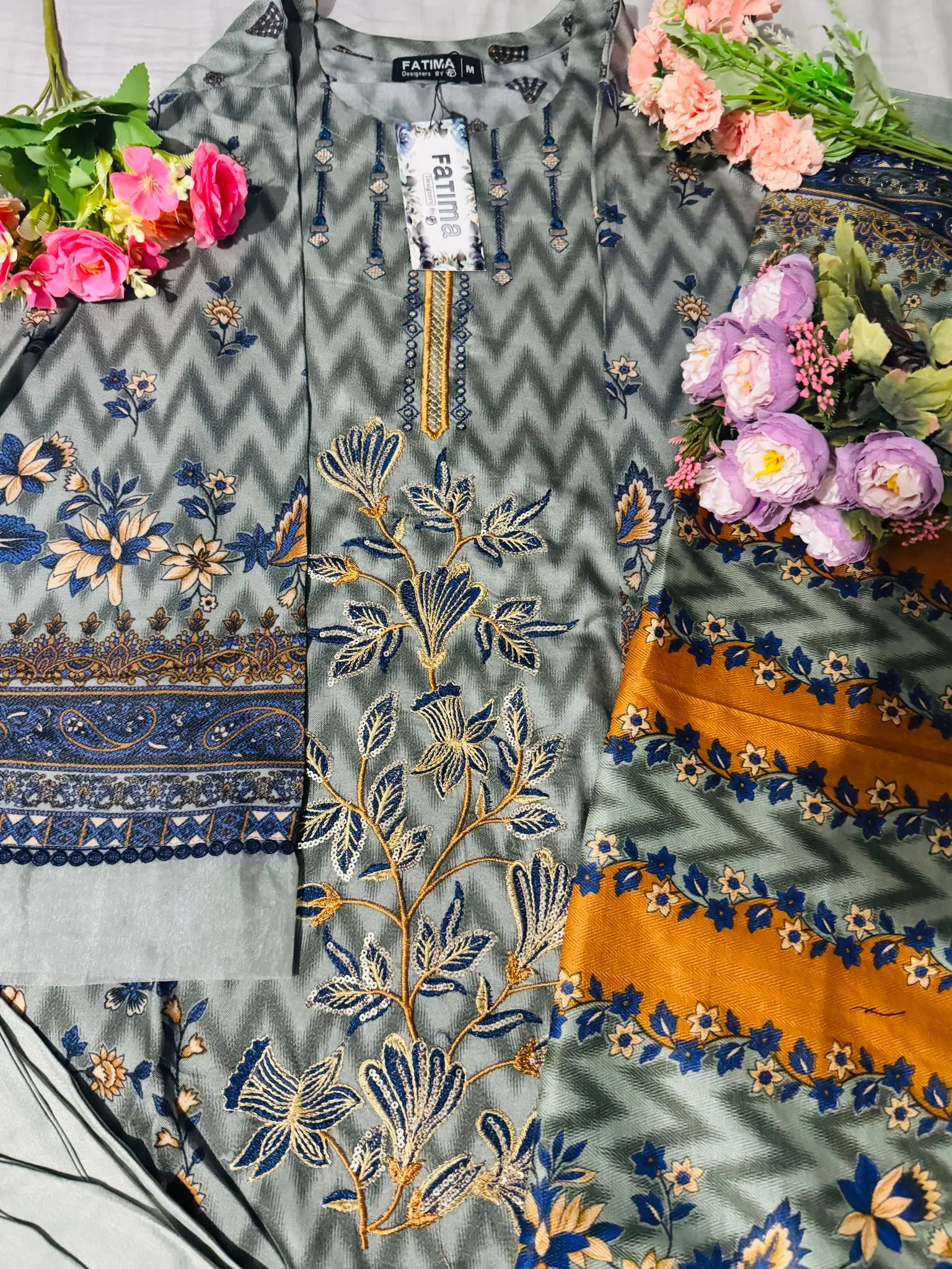 New 3pc Fatima Designer Readymade Dhanak Sequence EMB With Wool Shawl 3 Piece Fancy Dhank Shirt With Wool Shawl 3 Piece Suit Embroidery Daman Bazo lace Border Matching Trouser Embroidered Long Sleeve Ethnic Shirt Matching wool Shawl Comfort Womenswear
