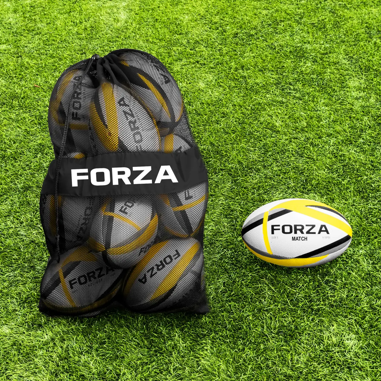 FORZA Rugby Balls & Carry Bag [Pack of 12] | Premium Quality Match or Training Balls - Includes Mesh Bag for Storage & Transportation