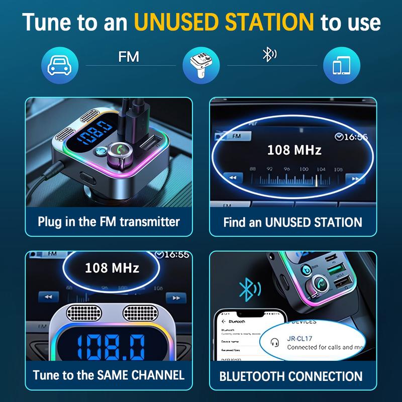 FM Transmitter for Car,Bluetooth 5.3 [Stronger Dual Mics & HiFi Deep Bass Sound] , 48W PD&QC3.0 Bluetooth Car Adapter, Hands-Free Calling, Larger LED, AUX Output & U Disk 2