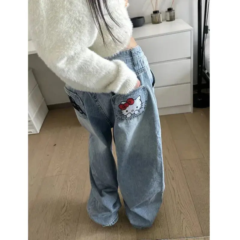 Hello Kitty Sanrio Y2k Denim Pants Retro Letter Embroidery Jeans High Waist Loose Wide Leg Trousers High Street Pants For Women 4