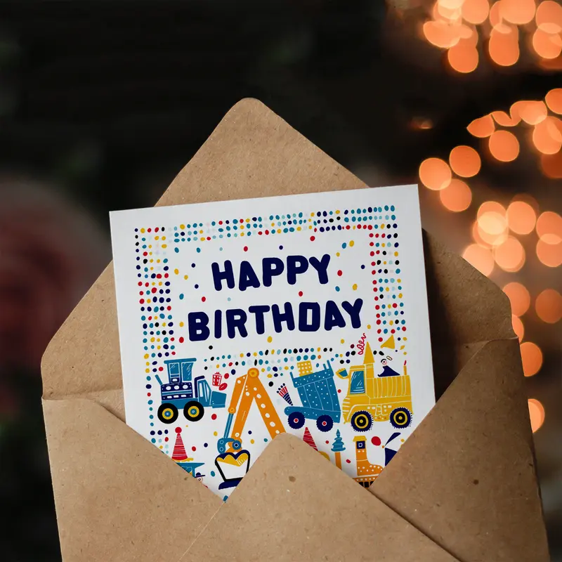 Artery8 Birthday Card Construction Builder Digger Truck Bright For Child Kids Son Daughter Greeting Card 2