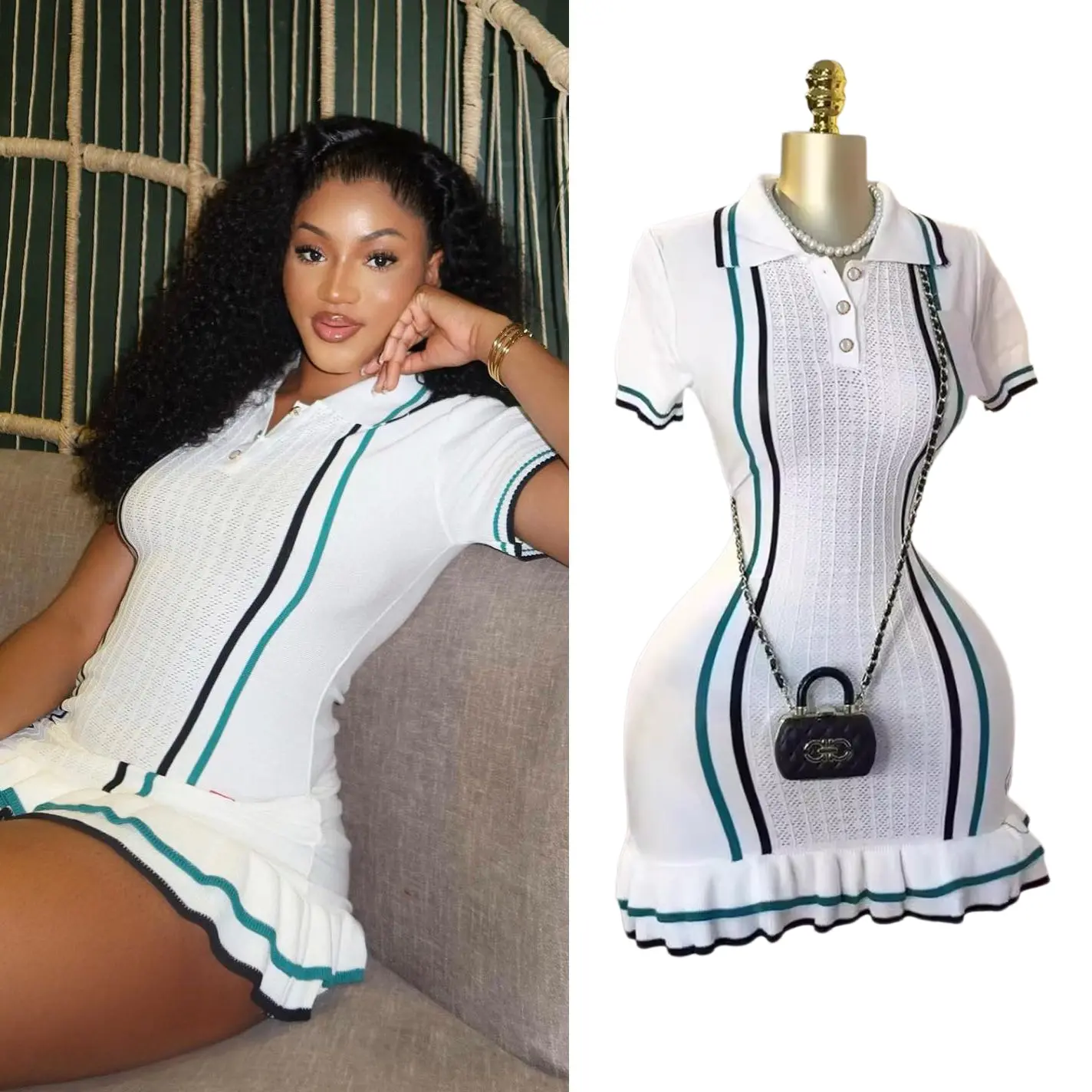 Chic Fashion Sexy Package Hips Knitted Mini Dress Summer Vintage Turn-down Collar Ruffled Party Dress Streetrwear Casual Womenswear Comfort Shortsleeve