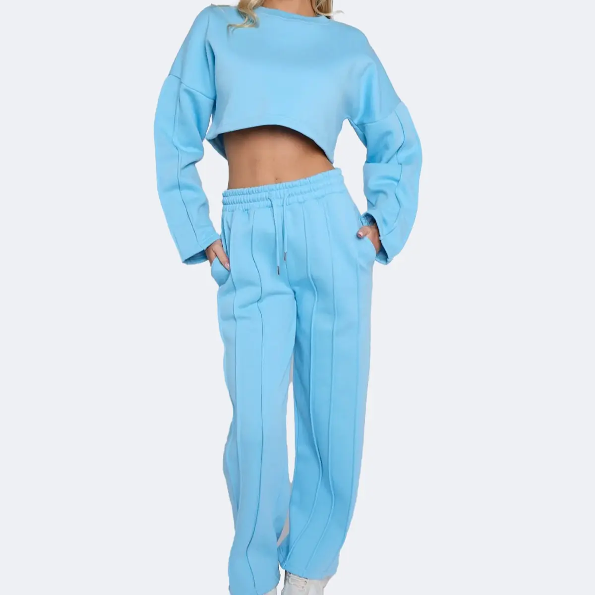 Women's Seam Detail Crop Top & Ribbed Joggers Fleece Co-Ord Tracksuit