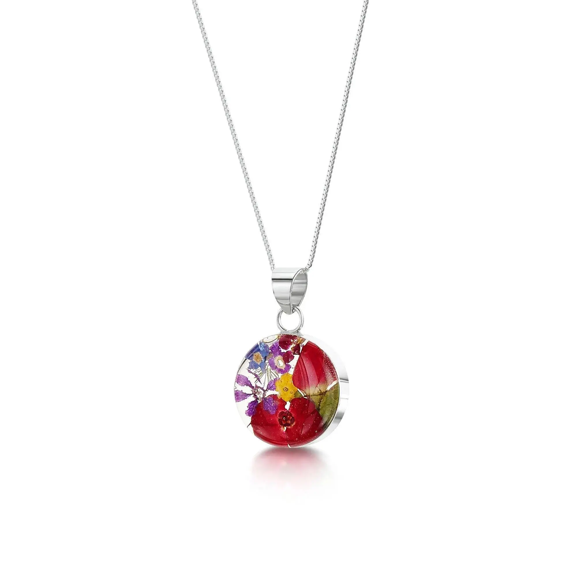 Sterling silver round pendant with real flowers by Shrieking Violet®