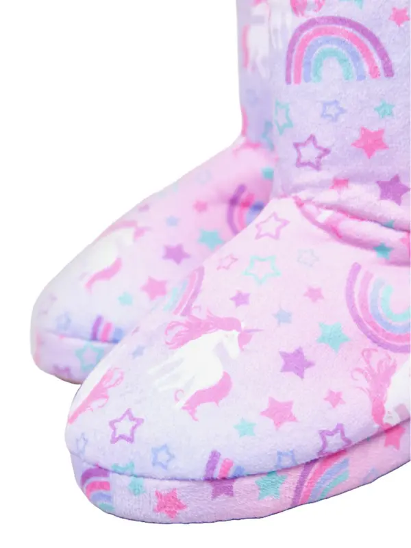 GIRLS UNICORN PINK FAUX FUR WARM PULL ON BOOTIE SLIPPERS HARD SOLE UK SIZE 8-2 3