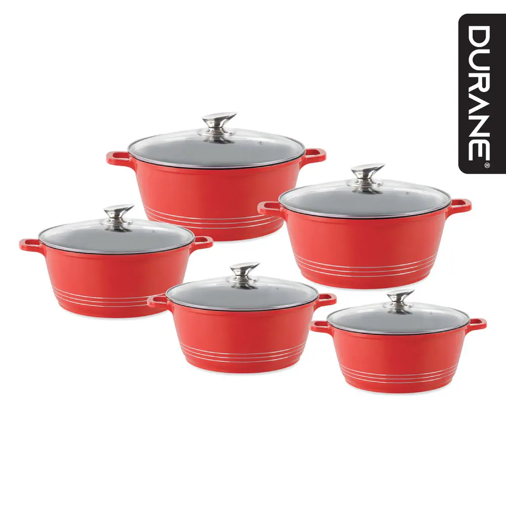 Durane Die Cast Stock Pot Set of 5 Red 20 - 32 cm 9320 (Big Parcel Rate) Cookware
