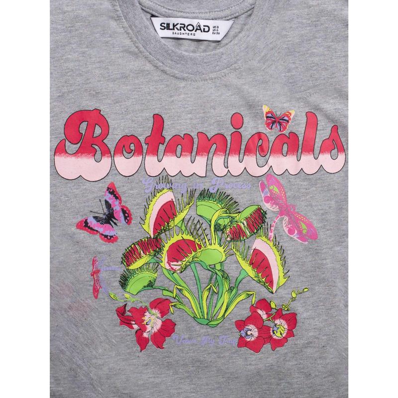 Grey Botanical Print Basic Short Sleeve Tee Fit Top 3