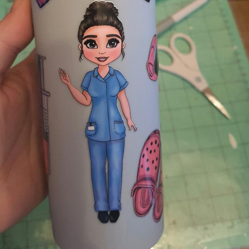 Nurse Life 16oz Skinny Tumbler Bottle Drinkware Water Bottles Portable Washable Cup Reusable 37 colours to choose from, doubled walled, hot or cold drinks, straw and lid included, custom dolly, skin tone, hair colour and eye colour, crocs, hearts 2