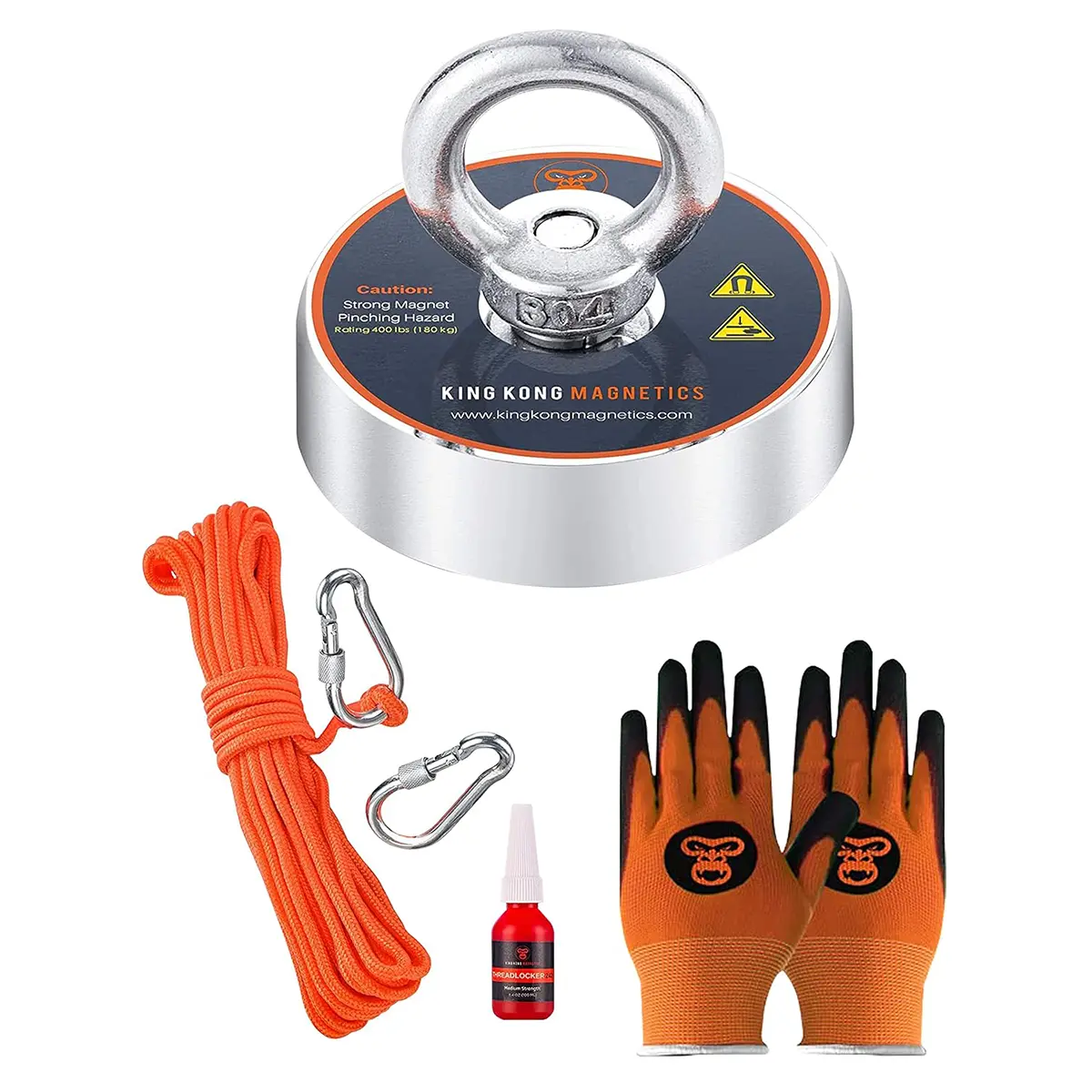 King Kong Magnetics 400 lbs Pulling Force Magnet Fishing Kit - 2.36 inch Strong Neodymium Fishing Magnets-Gloves, Nylon Rope, Thread Locker & Carabiners Included