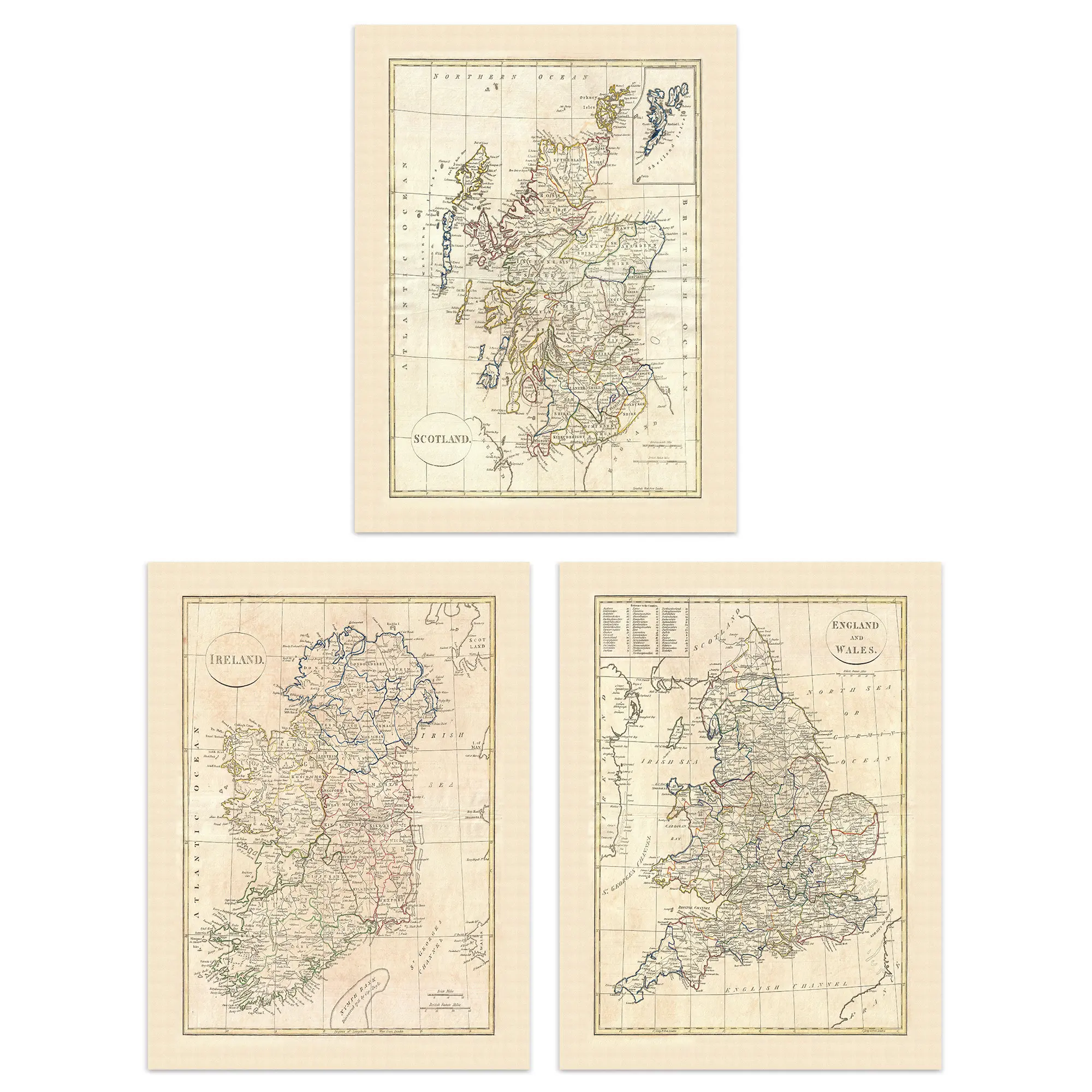Vintage Maps Of The British Isles England Wales Scotland Ireland Set Of 3 Unframed Wall Art Prints Study Office Aesthetic Clement Cruttwell A4