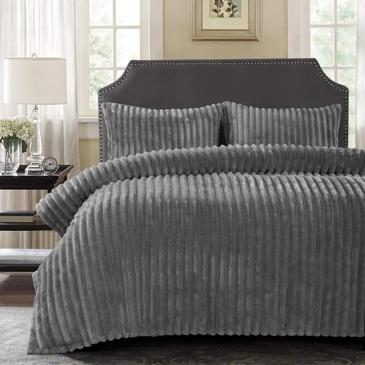 YORKSHIRE HOMEWARE Charcoal Chunky Rib Duvet Cover Sets Teddy Soft & Cosy Luxury Fleece Easy Care Quilt Bedding Covers Pillowcases