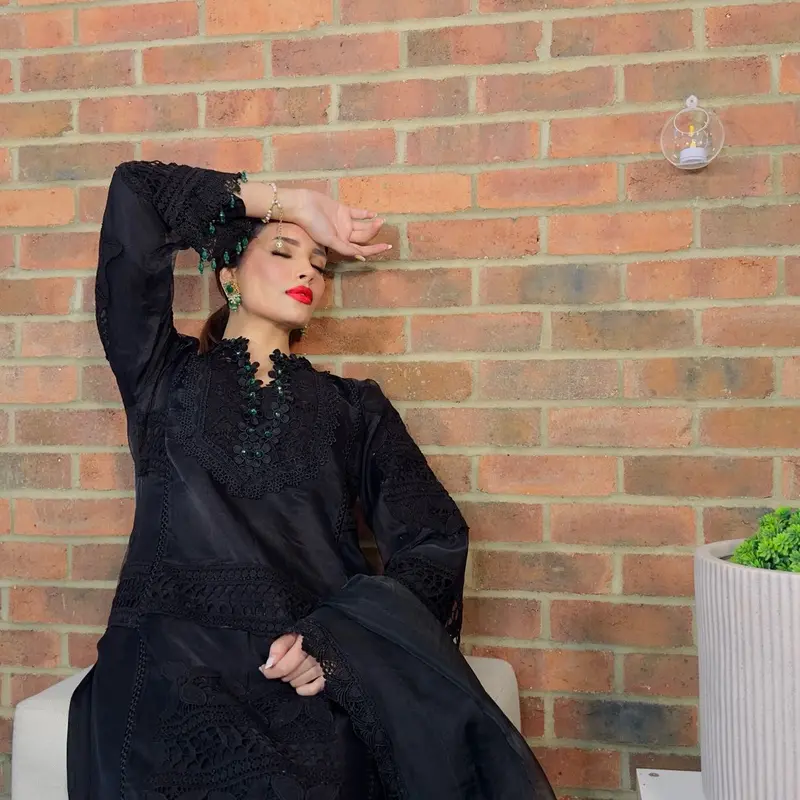 BLACK FRIDAY SPECIAL - BLACK ORGANZA HEAVY CROCHET AND LACE DETAILED 4PC WITH GREEN CRYSTAL DETAILING, FORMAL WOMENSWEAR LONG HEAVY DUPATTA, CAPRI TROUSERS WITH LONG ORGANZA KAMEEZ and a FULL SLEEVES LINING Traditional Outfit Comfortable Womenswear Dress 5