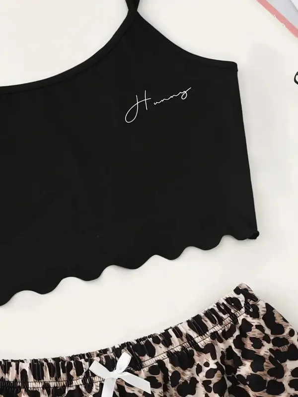 Sexy Leopard Print V-Neck Sling Pajama Set – Sleeveless Top & Shorts Sleepwear 2