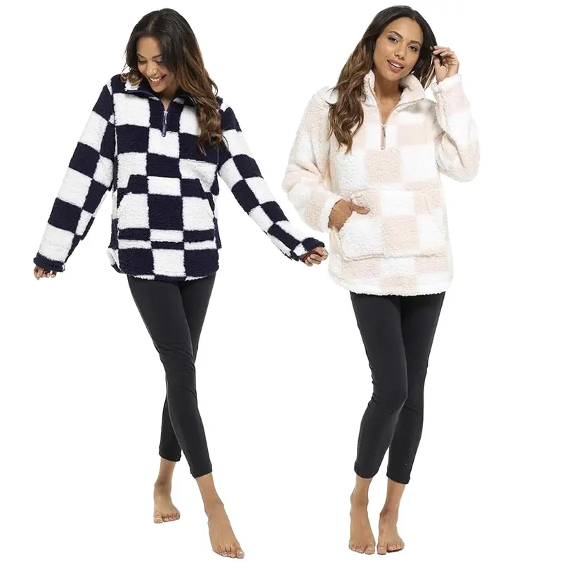 Women's Half-Zip Sherpa Fleece Jumper - Soft & Plush Casual Lounge Sweater, Check Design - Sizes 8-22 0