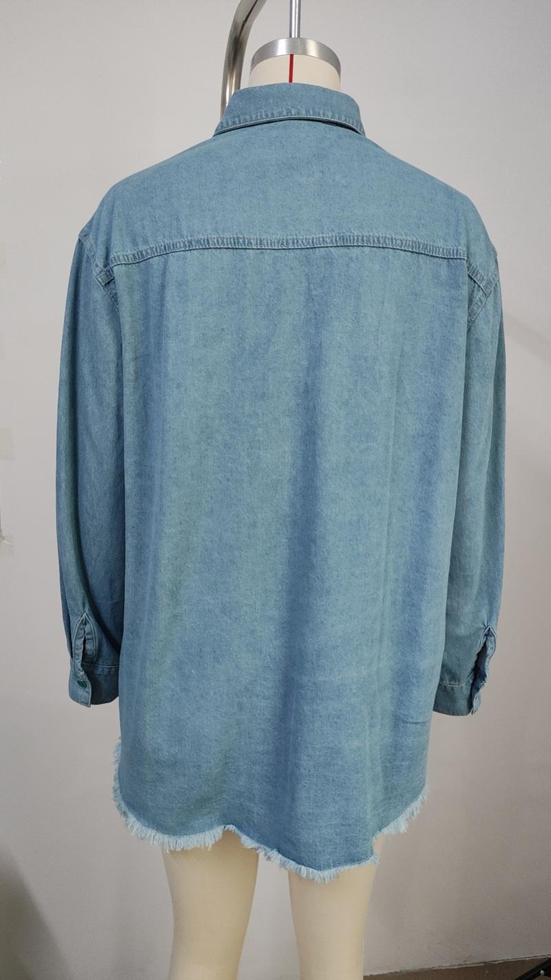 Product Introduction of 2025 new women's washed raw edge denim long sleeve lapel top 14