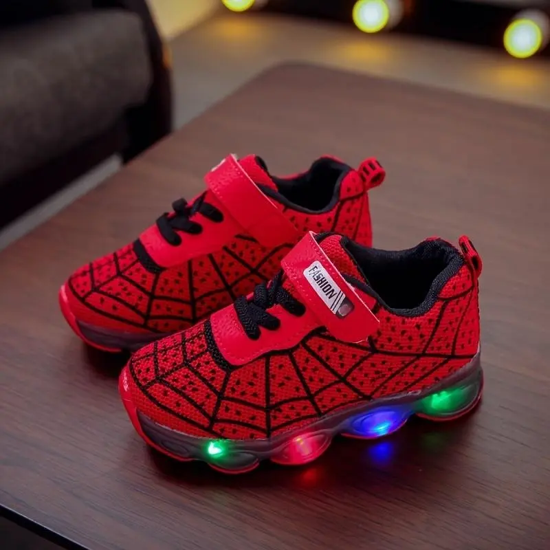 Boys led spider net sneakers-fashionable & durable athletic shoes with cool spider web design-lightweight, breathable & non-slip for walking, running & Training