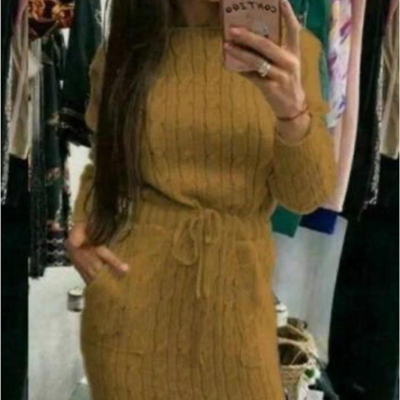 Ladies Cable Knitted Pocket Tie up Long Midi Dress with Belt - Clothing Knitwear Womenswear 1