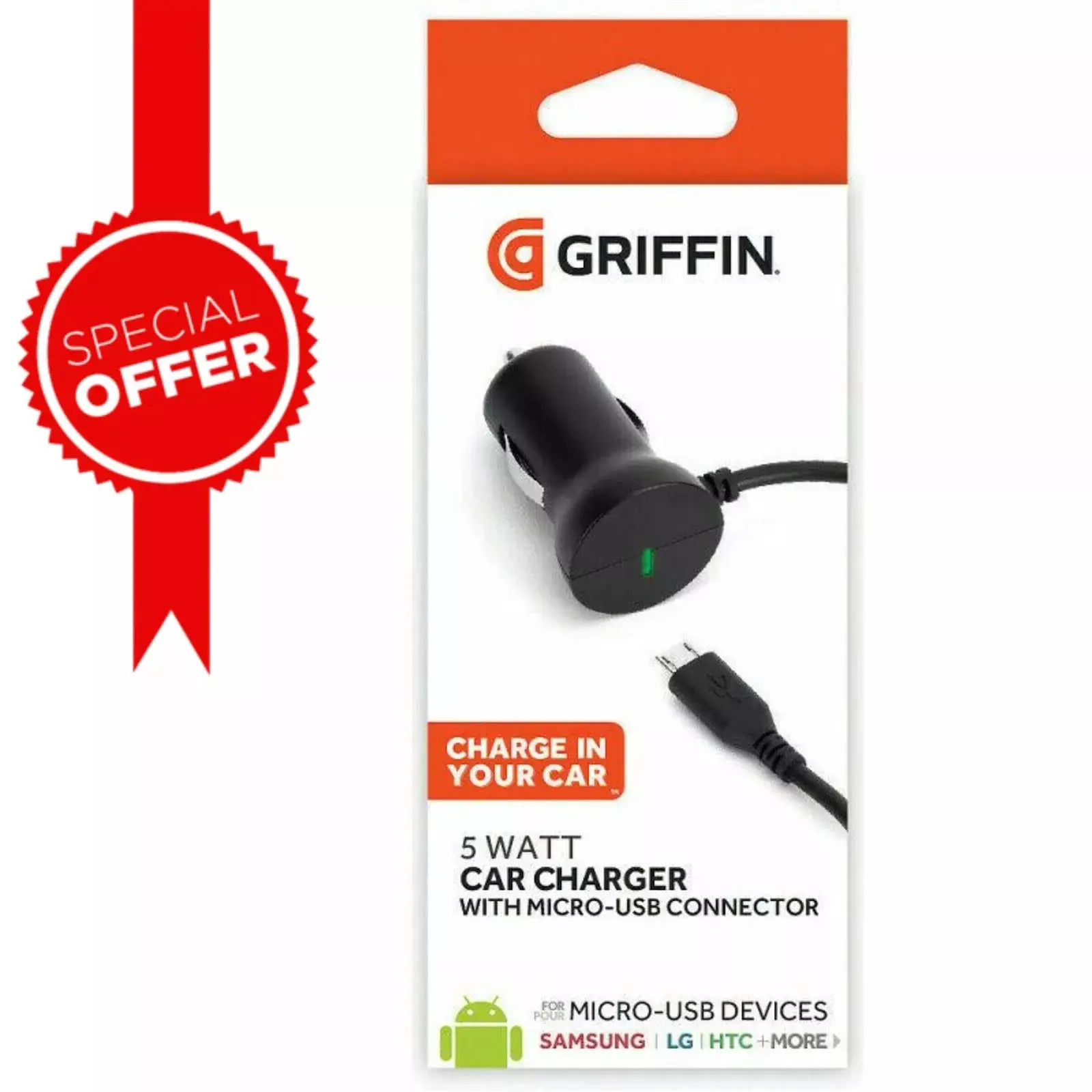 [50% Off] Griffin 1A 5W Car Charger with Micro-USB Connector – Black for Charging Electronic Smartphone Mobile Cellphones