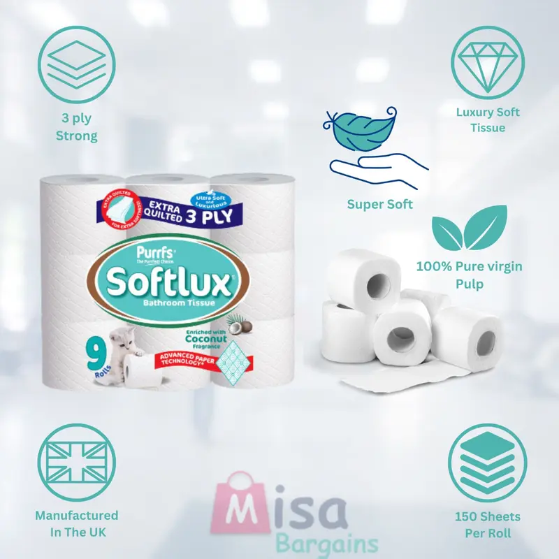 90 Toilet Rolls 45 Softlux Purffs Coconut + 45 Softly Purffs Aloe Vera 3ply Bathroom Luxury Quilted Toilet Rolls  (10*9pk) Flushable Disposable Family Toilet Pack Scented Kitchen Sheets Tissue Wipes 3
