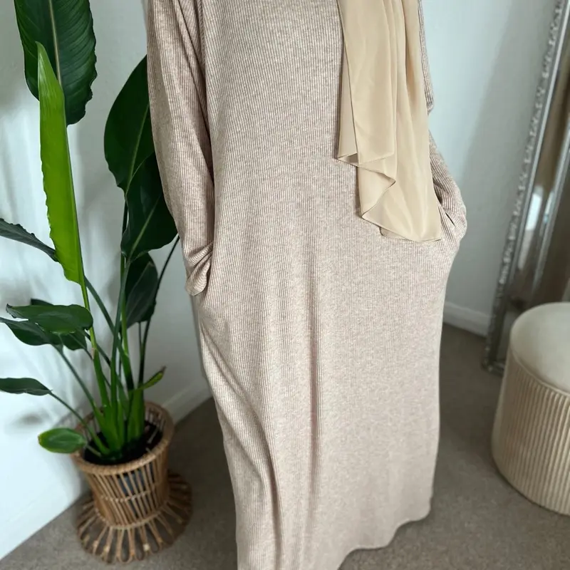 Oatmeal Ribbed Abaya with Pockets and Matching Chiffon hijab winter abaya casual abaya work modest fashion plain minimalist ramadan 2