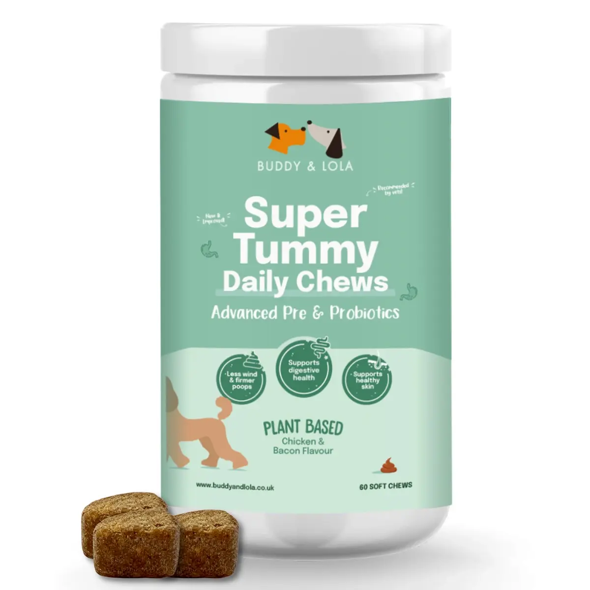 Buddy & Lola | Probiotic Soft Chews for Dog Gut Health | Plant Based Daily Digestive Supplement | Natural Probiotic Treats | Firmer Poops & Less Wind | Supports Healthy Skin & Coat | Helps Itchy Skin | 60 Probiotic Chews for Dogs | Made in UK