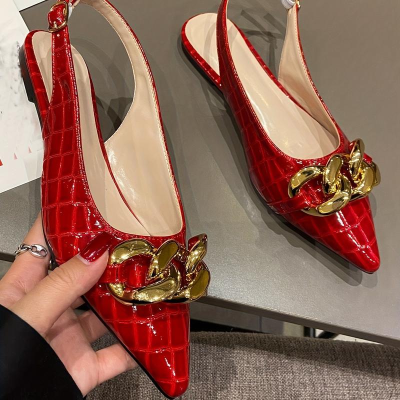 Women's Trendy Chain Decor Flat Shoes, Stylish Point Toe Buckle Strap Shoes, Fashion Slingback Shoes 6