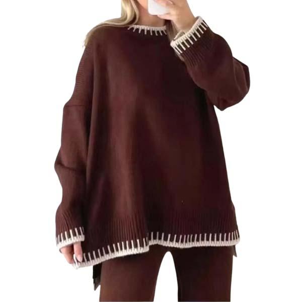 Ladies Knitted Stitched Wide Leg 2PCS Co-ord Suit Sweater Loungewear Set Casual Womenswear Overalls Comfort Long Sleeve Basic Clothing Minimalist 5