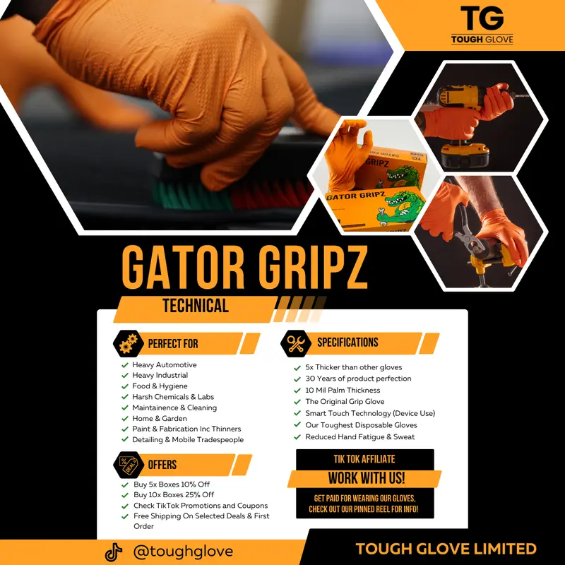2 Boxes of Gator Gripz by Tough Glove - 2 Boxes of 50 Gloves (100 Gloves) - Super Strong 10 Mil Thick - Orange Diamond Grip -Disposable Nitrile Gloves - Latex & Powder Free,  Grip Mechanics Gloves, Industrial Automotive Gloves, Chemical Resistant Cleaning 4