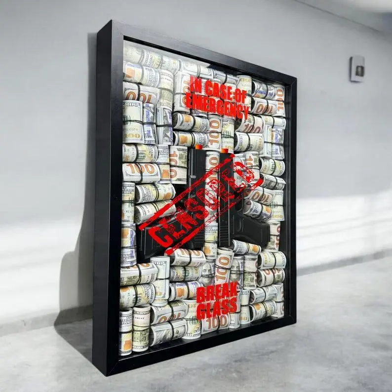 In Case of Emergency Break Glass - Gun & Money Shadow | Scarface Movie Props Replica Weapon Art | Gangster Gift for Men - Dollars Сash