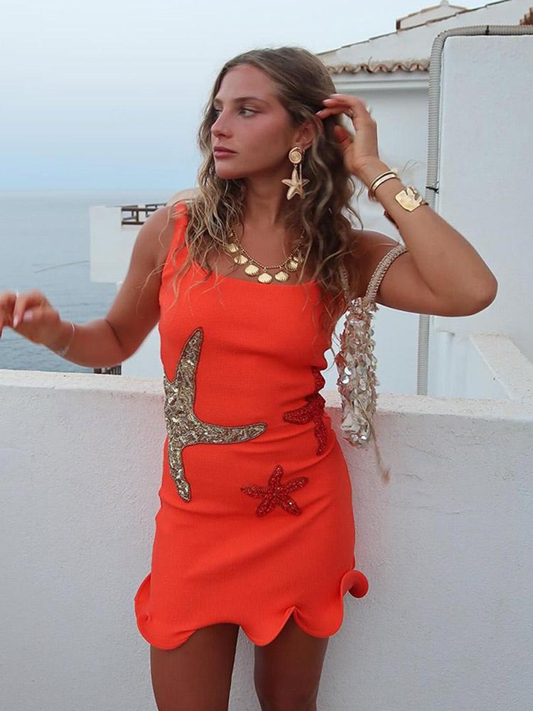 Product Introduction of Stunning Shiny Stars Ruffles Hem Knitted Mini Dress Women's Chic Slim Fit Sleeveless Sling Vestidos 2025 Lady Street Gowns New 4