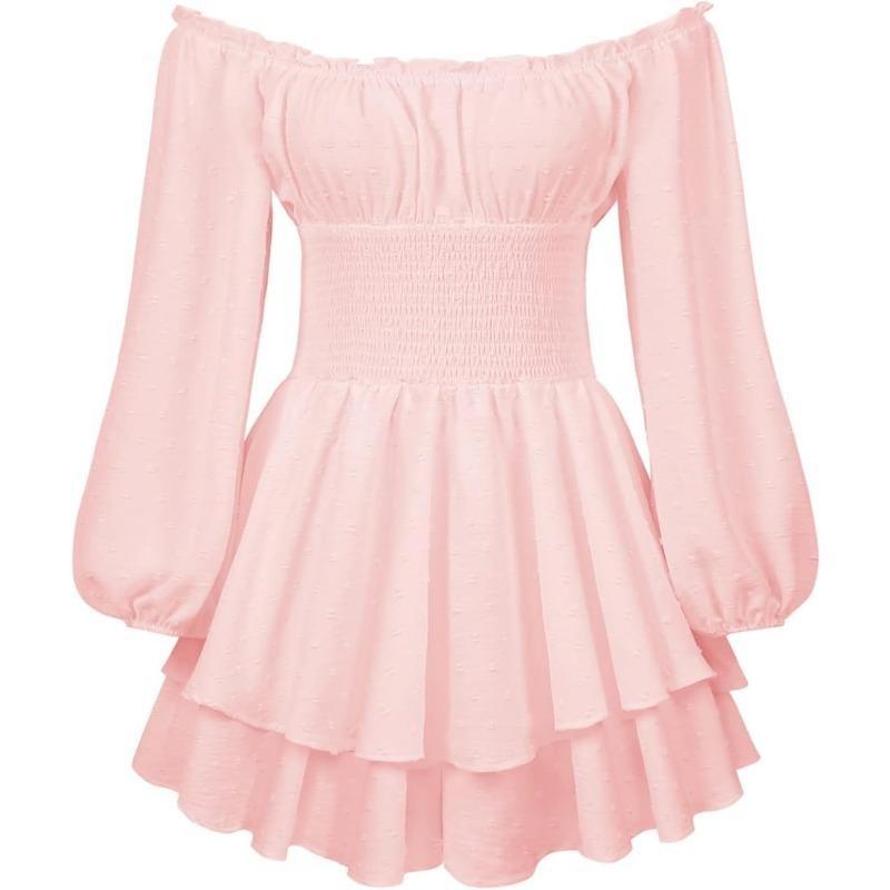 Women Puff Sleeve Ruffle Romper Dress Off Shoulder Long Sleeve Flowy Layered Fairy Pirate Short Jumpsuit Playsuits 7