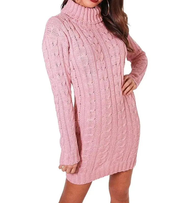 Women's Polo High Neck Long Sleeve Cable Knitted Jumper Dress Ladies Bodycon Mini Pullover Top 8-22 Casual Clothing 3