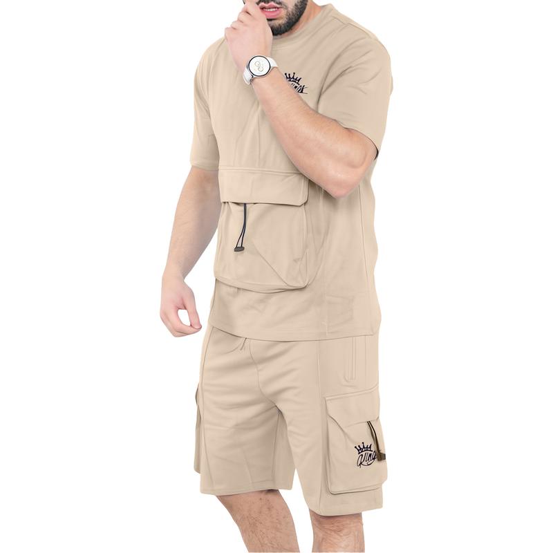 Mens Short Sleeve Short & T-Shirt Set Gym Jogging Lightweight Sweat Top Tee Chest Pocket Cargo Fleece Shorts 2