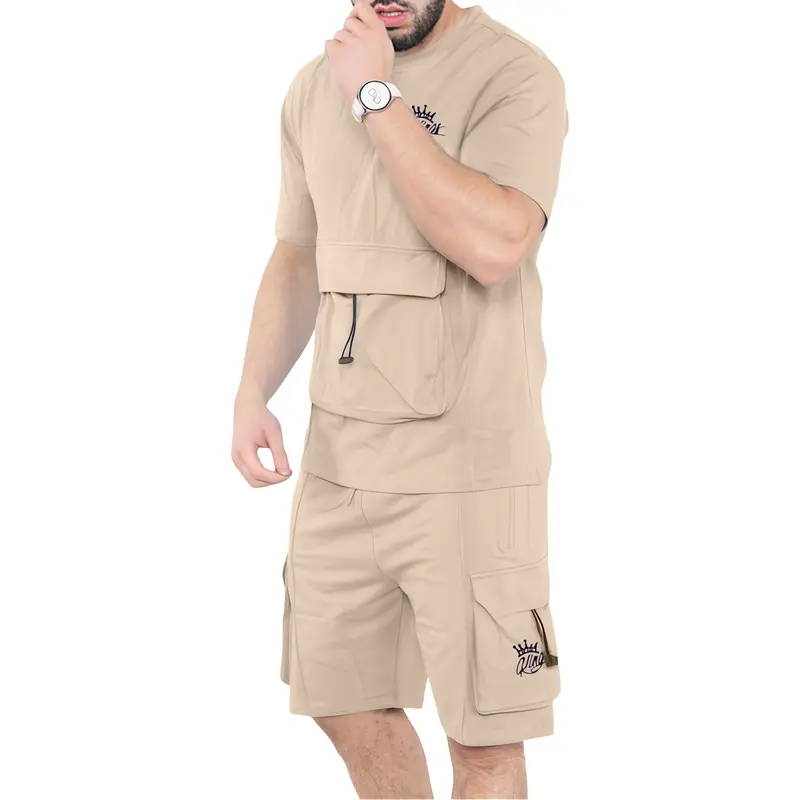 Mens Short Sleeve Short & T-Shirt Set Gym Jogging Lightweight Sweat Top Tee Chest Pocket Cargo Fleece Shorts 2
